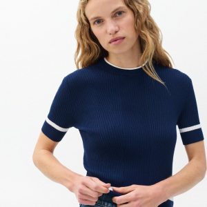 Kassy Ribbed Short-Sleeve Sweater - Navy