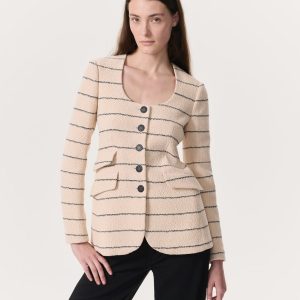 Roslyn Cotton Tweed Scoop-Neck Blazer - Cream