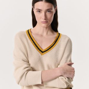 Meghan Striped Crochet-Trim V-Neck Sweater - Ivory