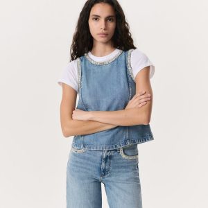 Ultra Featherweight Myla Embellished Denim Top - Pacific With Jewel