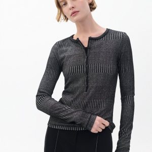 The Knit Striped Ribbed Henley - Black White Multi