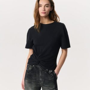 Mica Twist-Detail Draped Cotton T-Shirt - Black