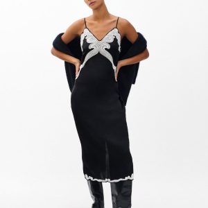 Ann Embroidered Slip Dress - Black