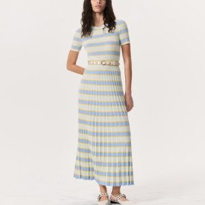Eloise Striped Rib-Knit Pleated Midi Dress - Green Multi