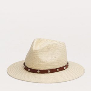 Cabochon-Studded Packable Straw Fedora - Natural