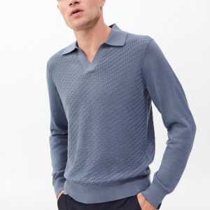 Charles Johnny Collar Wool Polo - Blue
