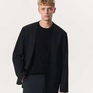 Collarless Wool-Blend Ripstop Blazer - Black