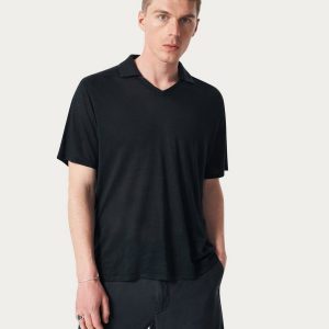 Linen Johnny Collar Polo - Black